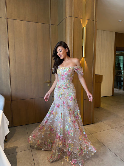 Floral Sequin Corset Gown with Off-Shoulder Sleeves