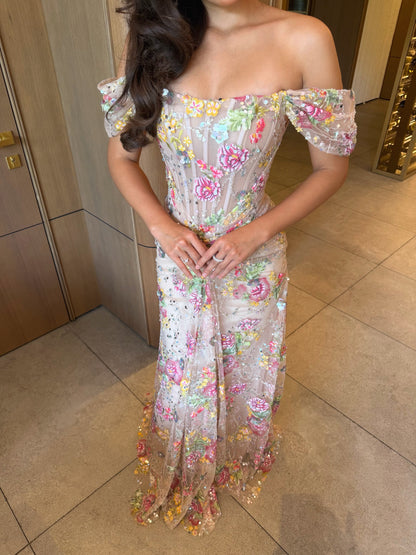 Floral Sequin Corset Gown with Off-Shoulder Sleeves