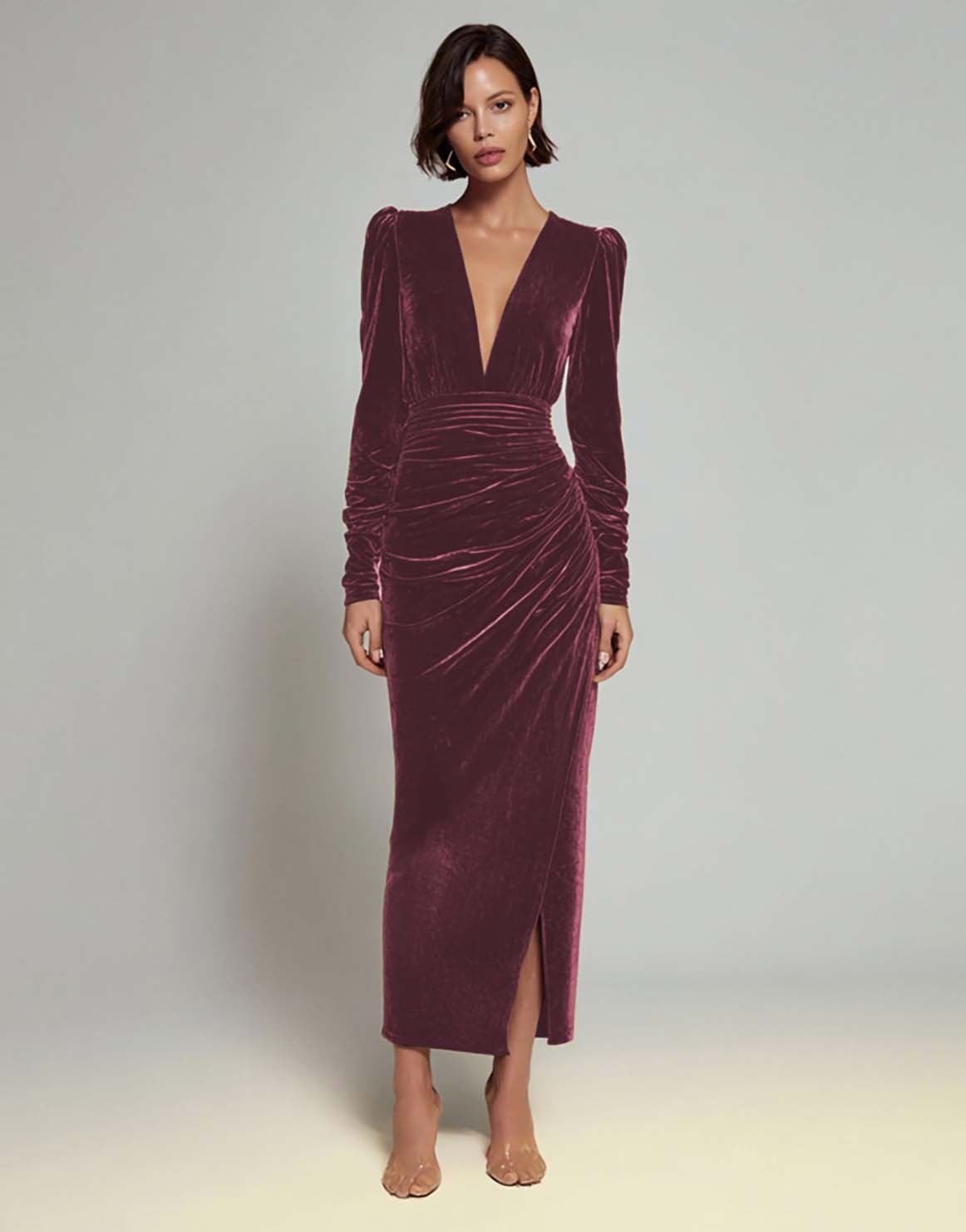 Olive Ruched Sheath Long Sleeve Velvet Formal Dress with Slit