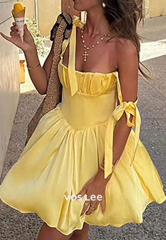 A-Line Spaghetti Straps Bowknot Square Pleated Homecoming Dresses
