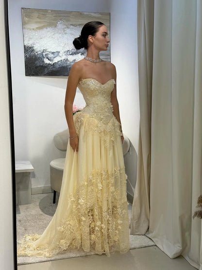 Elegant Yellow Floral Strapless with Train Evening Dress Prom Dress