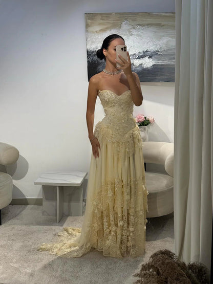 Elegant Yellow Floral Strapless with Train Evening Dress Prom Dress