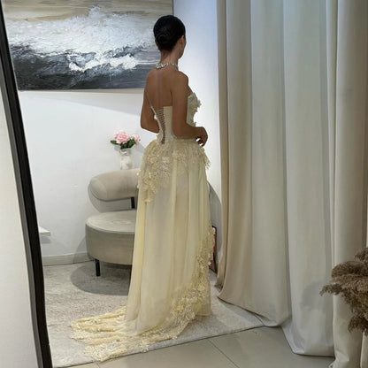 Elegant Yellow Floral Strapless with Train Evening Dress Prom Dress