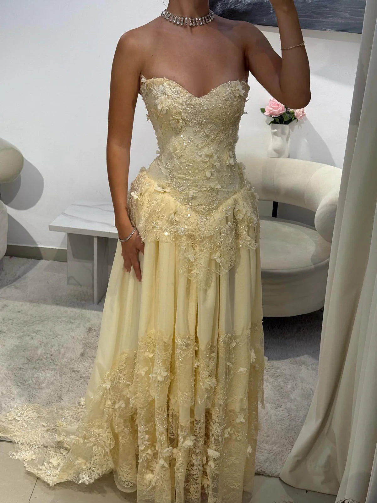 Elegant Yellow Floral Strapless with Train Evening Dress Prom Dress