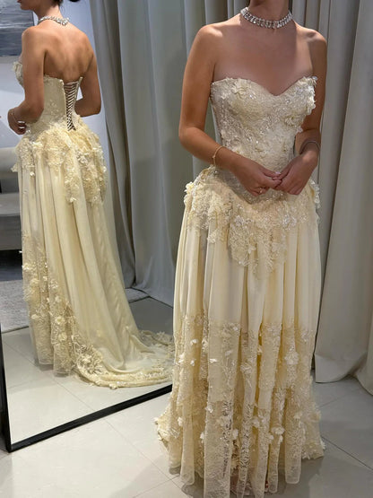 Elegant Yellow Floral Strapless with Train Evening Dress Prom Dress