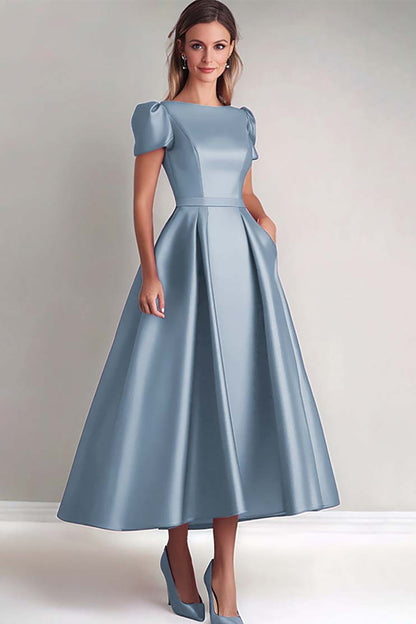 Black A Line Mother of the Bride Dress with Puff Sleeves