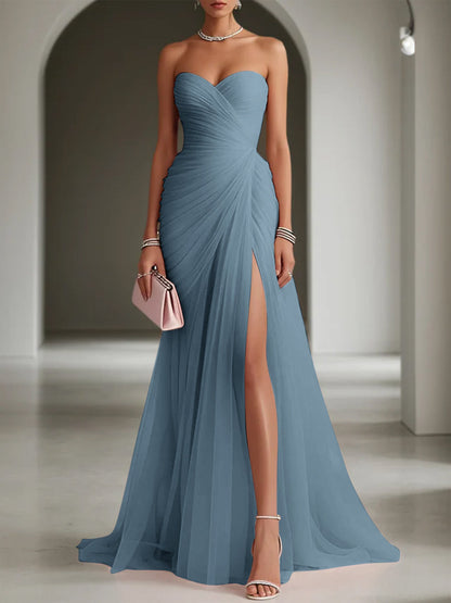 Pink Ruched Slit Tulle Strapless Sleeveless Sheath Gown Dress