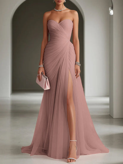 Pink Ruched Slit Tulle Strapless Sleeveless Sheath Gown Dress