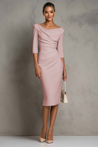 Ivory Sheath V-Neck Midi Dress With Half Sleeves
