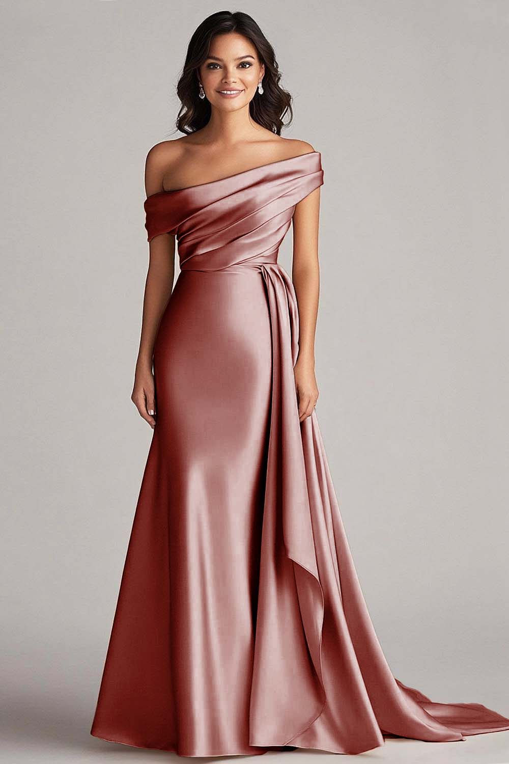 One Shoulder Pleated Champagne Sheath Long Formal Dress