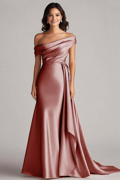 One Shoulder Pleated Champagne Sheath Long Formal Dress