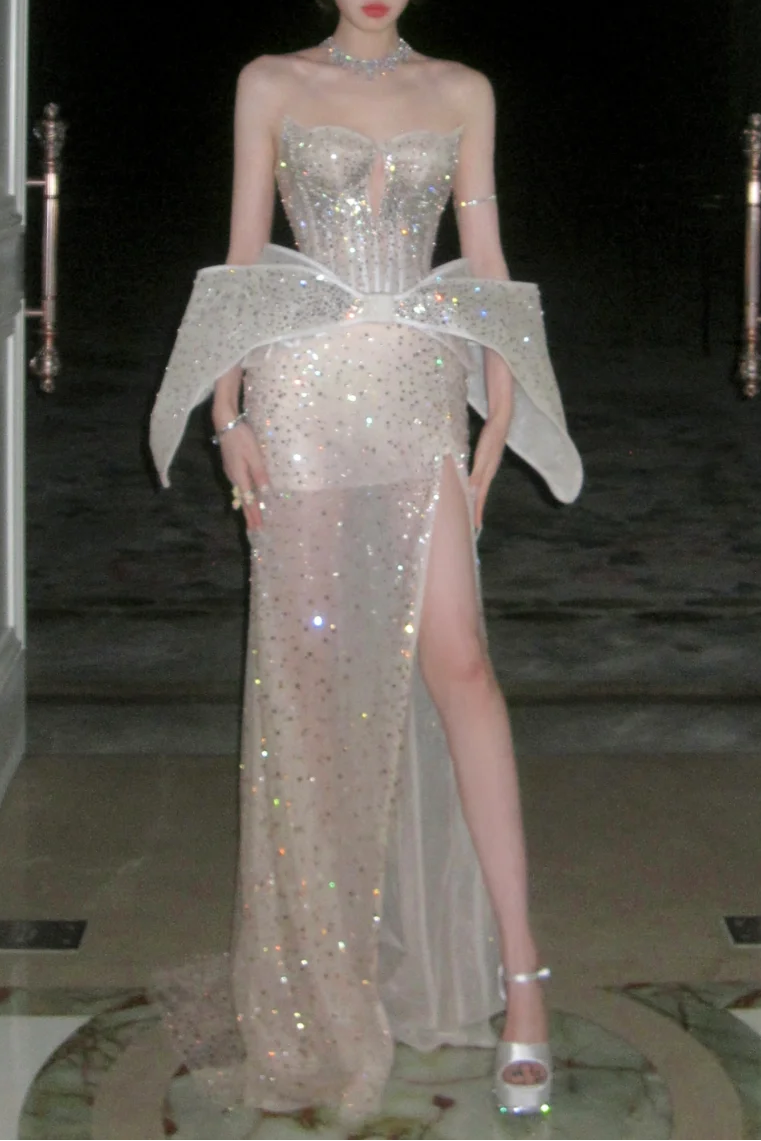 Sparkly Mermaid Sweetheart Champagne Slit Prom Dress Evening Dress