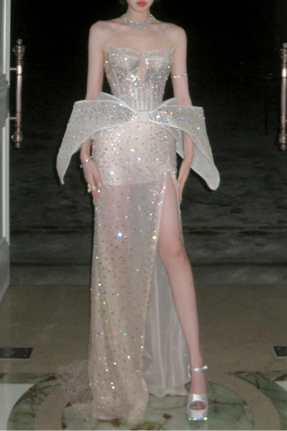 Sparkly Mermaid Sweetheart Champagne Slit Prom Dress Evening Dress