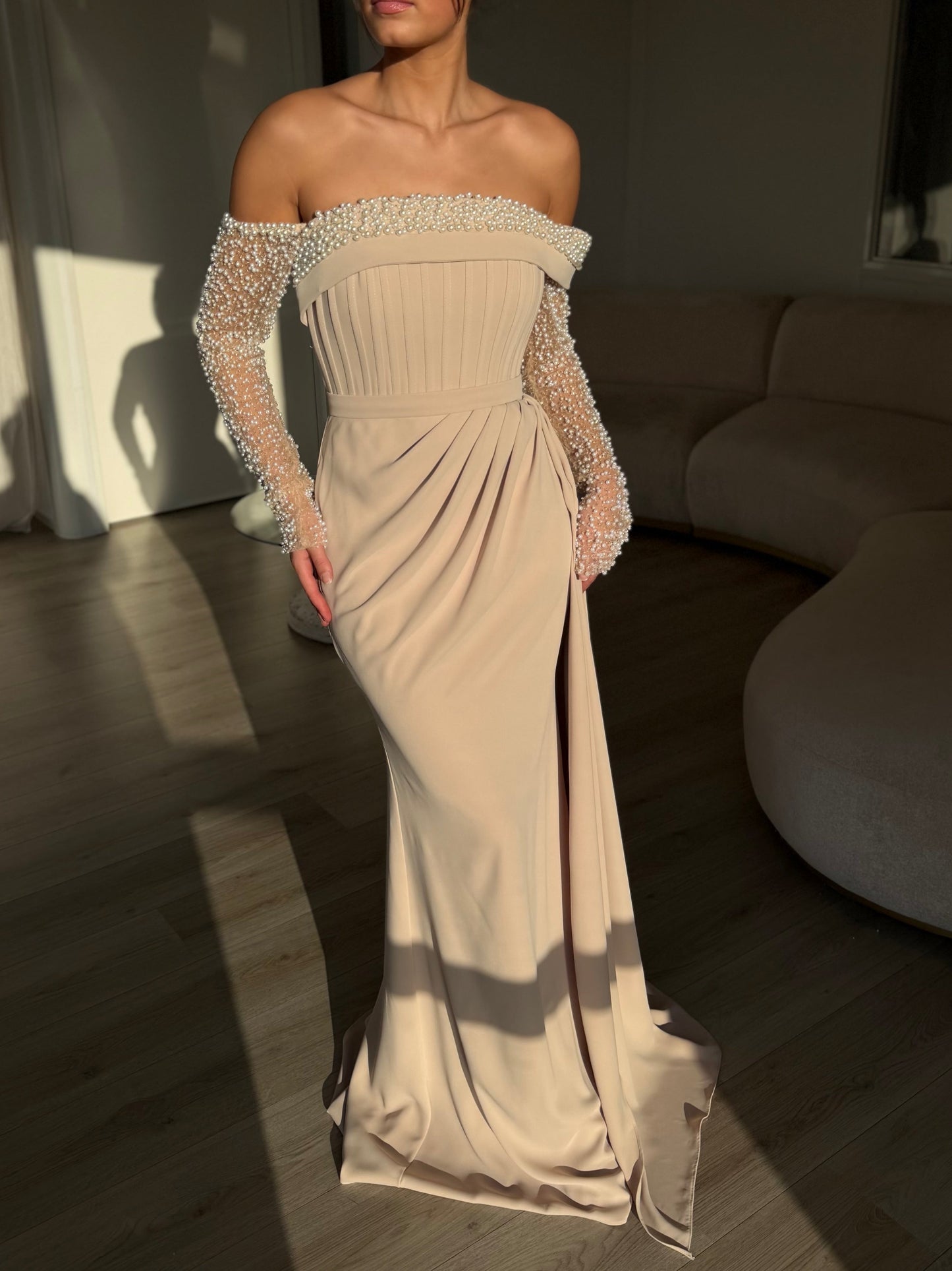 Brown Off Shoulder Long Sleeve Beaded Ruched Mermaid Evening Gown