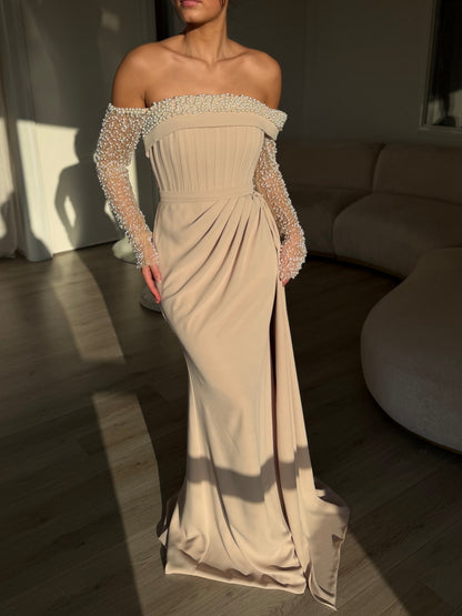 Brown Off Shoulder Long Sleeve Beaded Ruched Mermaid Evening Gown