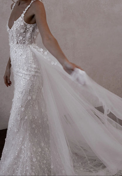 Sparkly 3D Floral Lace Mermaid Wedding Dress with Detachable Tulle Train