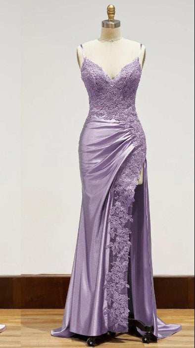 Elegant Black Spaghetti Straps Evening Dresses Satin Sheath Long Prom Dresses with Slits