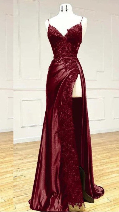 Elegant Black Spaghetti Straps Evening Dresses Satin Sheath Long Prom Dresses with Slits