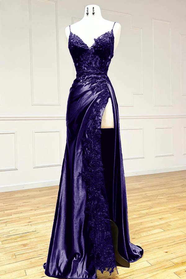 Elegant Black Spaghetti Straps Evening Dresses Satin Sheath Long Prom Dresses with Slits