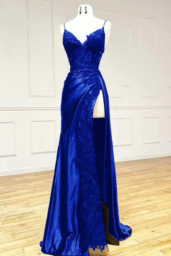 Elegant Black Spaghetti Straps Evening Dresses Satin Sheath Long Prom Dresses with Slits