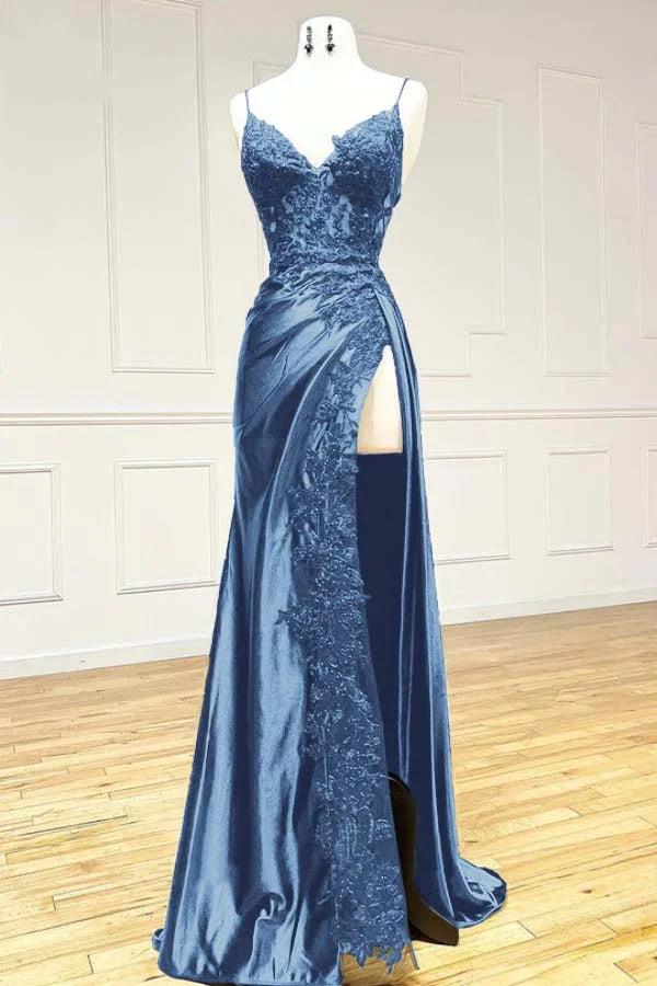 Elegant Black Spaghetti Straps Evening Dresses Satin Sheath Long Prom Dresses with Slits