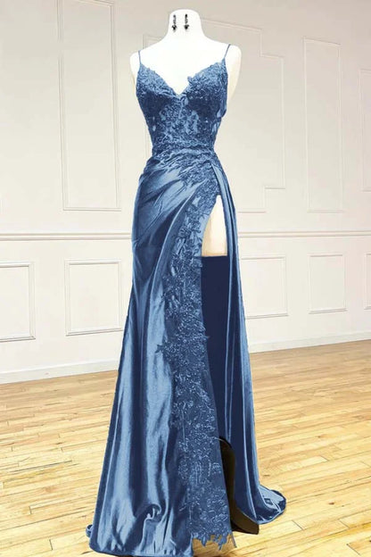 Elegant Black Spaghetti Straps Evening Dresses Satin Sheath Long Prom Dresses with Slits