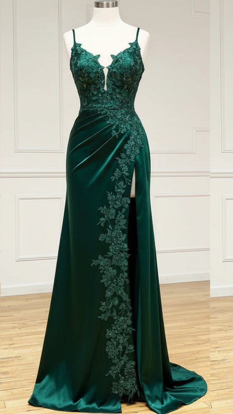 Elegant Black Spaghetti Straps Evening Dresses Satin Sheath Long Prom Dresses with Slits