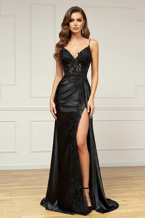 Elegant Black Spaghetti Straps Evening Dresses Satin Sheath Long Prom Dresses with Slits