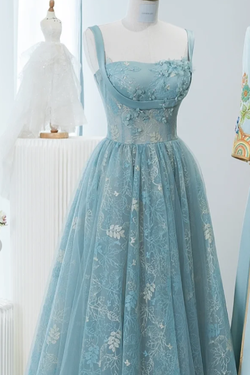 A-line Spaghetti Straps Embroidery Satin Tulle Long Prom Dresses With Appliqué