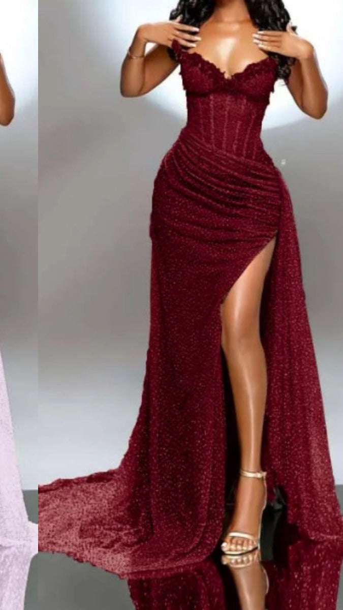 Sparkling Strapless Shiny Beaded Sequin Long Prom Dresses Formal Evening Dresses With Slit