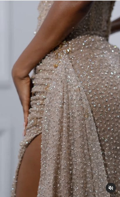 Sparkling Strapless Shiny Beaded Sequin Long Prom Dresses Formal Evening Dresses With Slit