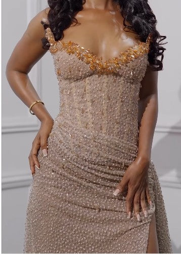 Sparkling Strapless Shiny Beaded Sequin Long Prom Dresses Formal Evening Dresses With Slit