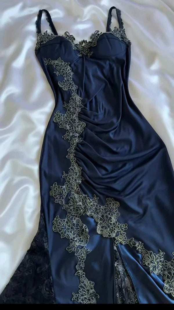 Elegant Navy Blue Spaghetti Straps Mermaid Satin Appliques Prom Dresses Party Dresses