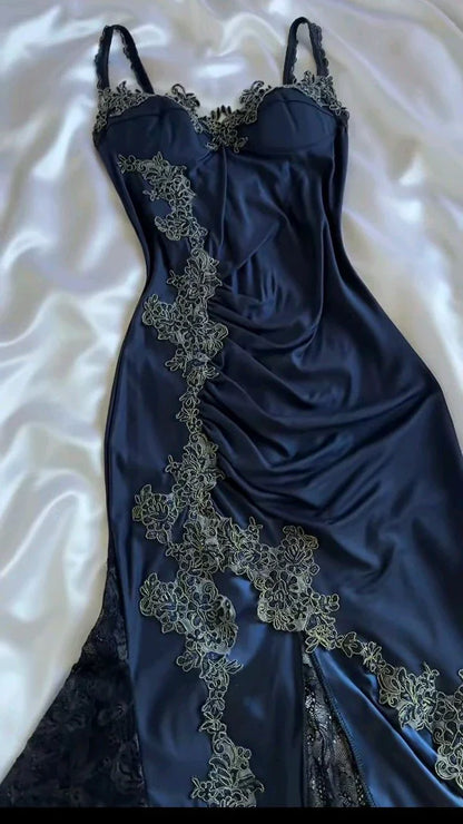 Elegant Navy Blue Spaghetti Straps Mermaid Satin Appliques Prom Dresses Party Dresses
