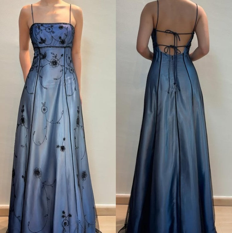 Vintage Blue Backless Beaded Prom Dress