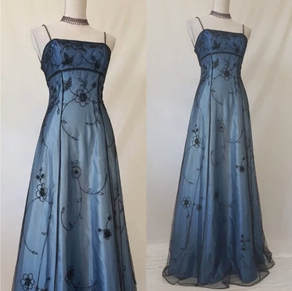 Vintage Blue Backless Beaded Prom Dress