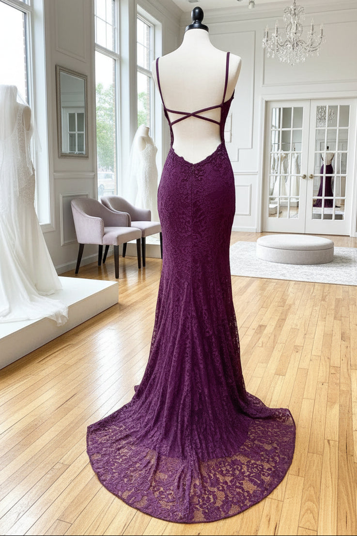 Charming Grape Spaghetti Straps Applique Long Backless Prom Dress With Slit
