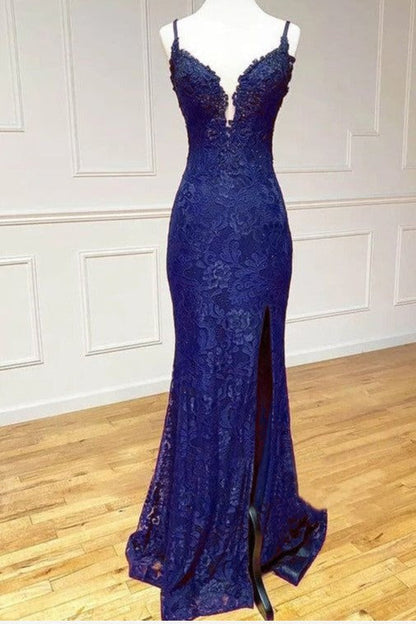 Charming Grape Spaghetti Straps Applique Long Backless Prom Dress With Slit