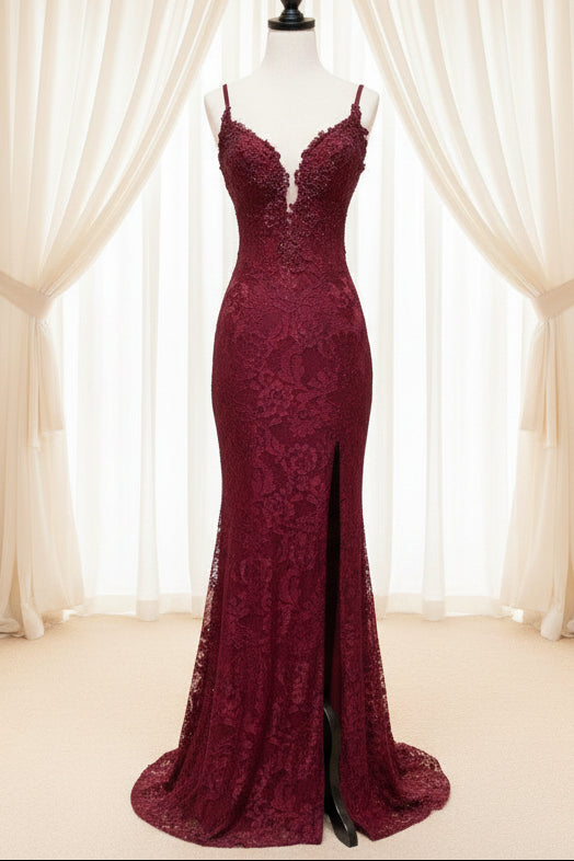 Charming Grape Spaghetti Straps Applique Long Backless Prom Dress With Slit