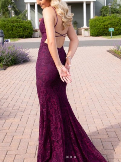 Charming Grape Spaghetti Straps Applique Long Backless Prom Dress With Slit