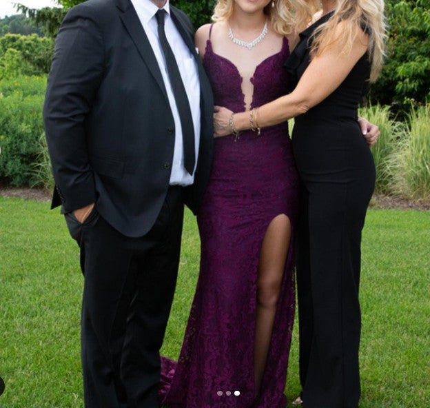 Charming Grape Spaghetti Straps Applique Long Backless Prom Dress With Slit