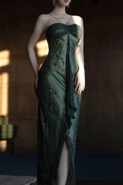 Green Spaghetti Straps Long Prom Dresses Glitter Beaded Elegant Party Dresses