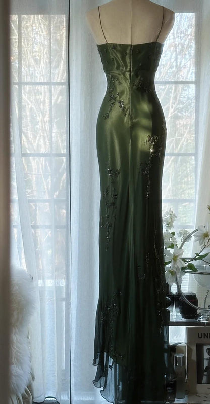 Green Spaghetti Straps Long Prom Dresses Glitter Beaded Elegant Party Dresses