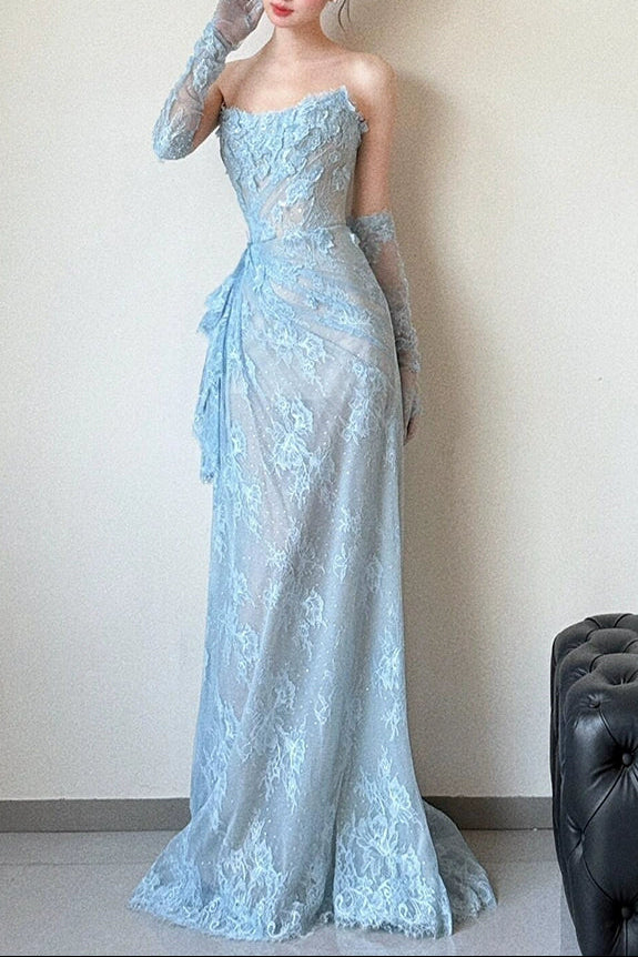 Glam Strapless Sheath Long Prom Dresses with Appliques, Lace Blue Formal Dresses