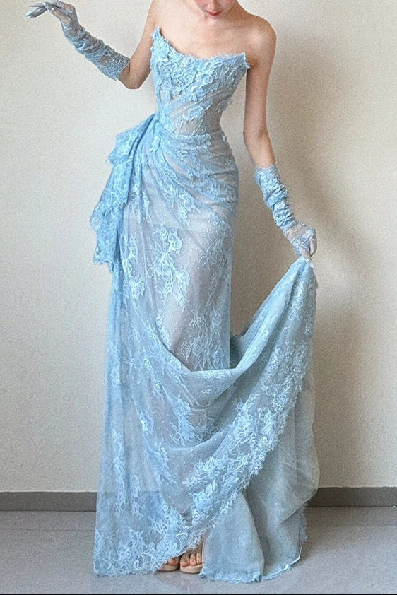 Glam Strapless Sheath Long Prom Dresses with Appliques, Lace Blue Formal Dresses