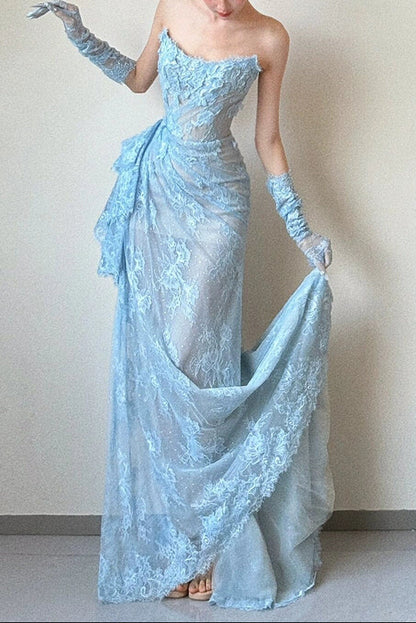 Glam Strapless Sheath Long Prom Dresses with Appliques, Lace Blue Formal Dresses