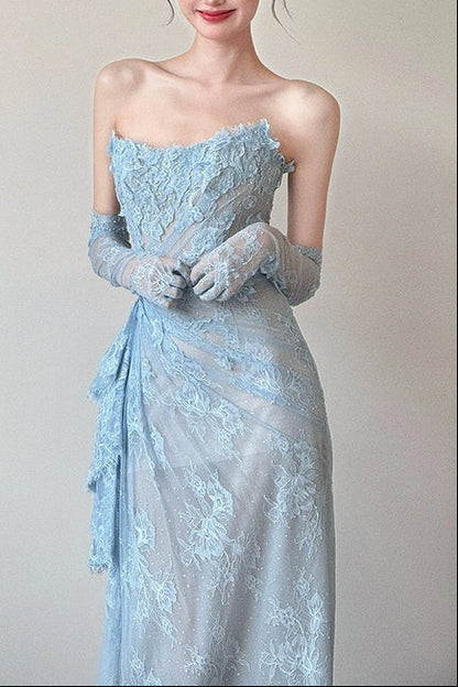 Glam Strapless Sheath Long Prom Dresses with Appliques, Lace Blue Formal Dresses
