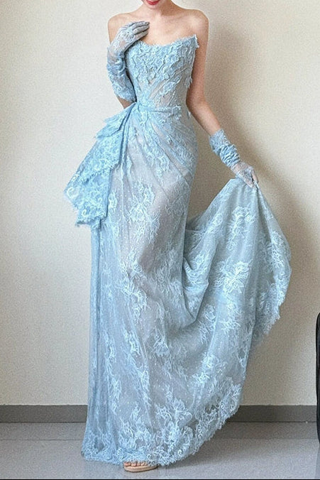 Glam Strapless Sheath Long Prom Dresses with Appliques, Lace Blue Formal Dresses