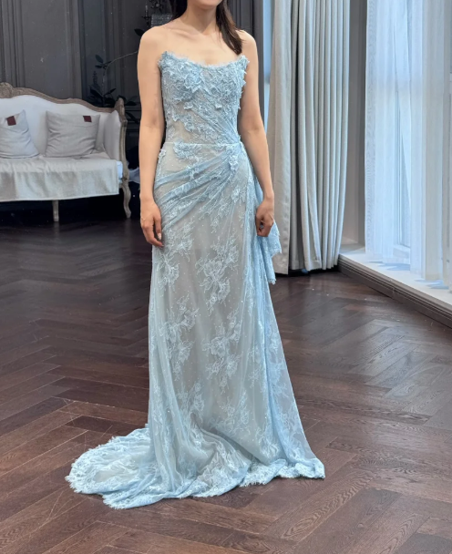 Glam Strapless Sheath Long Prom Dresses with Appliques, Lace Blue Formal Dresses