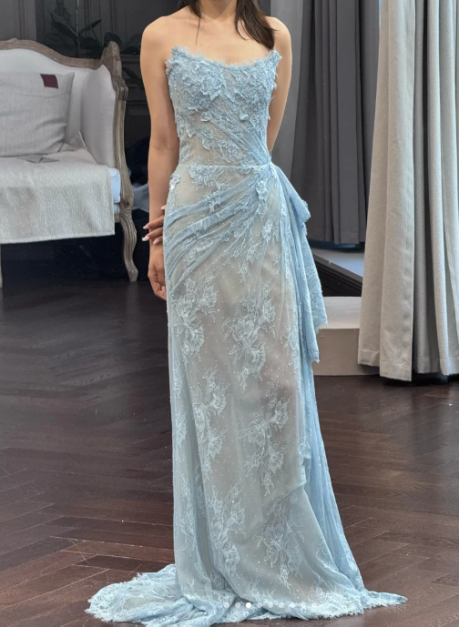 Glam Strapless Sheath Long Prom Dresses with Appliques, Lace Blue Formal Dresses
